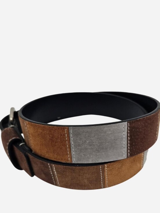Accessories - Suede leather brown & gray patchwork belt with white stitching